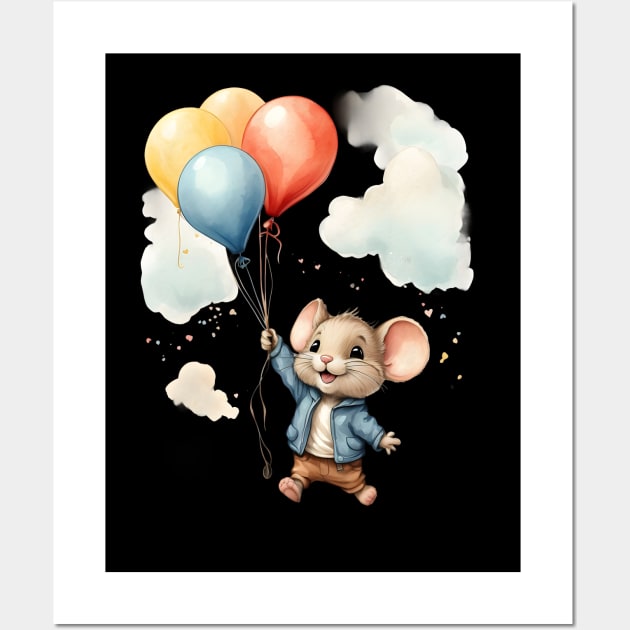 Cute Colorful Baby Mouse With Balloons Watercolor Design Wall Art by TF Brands